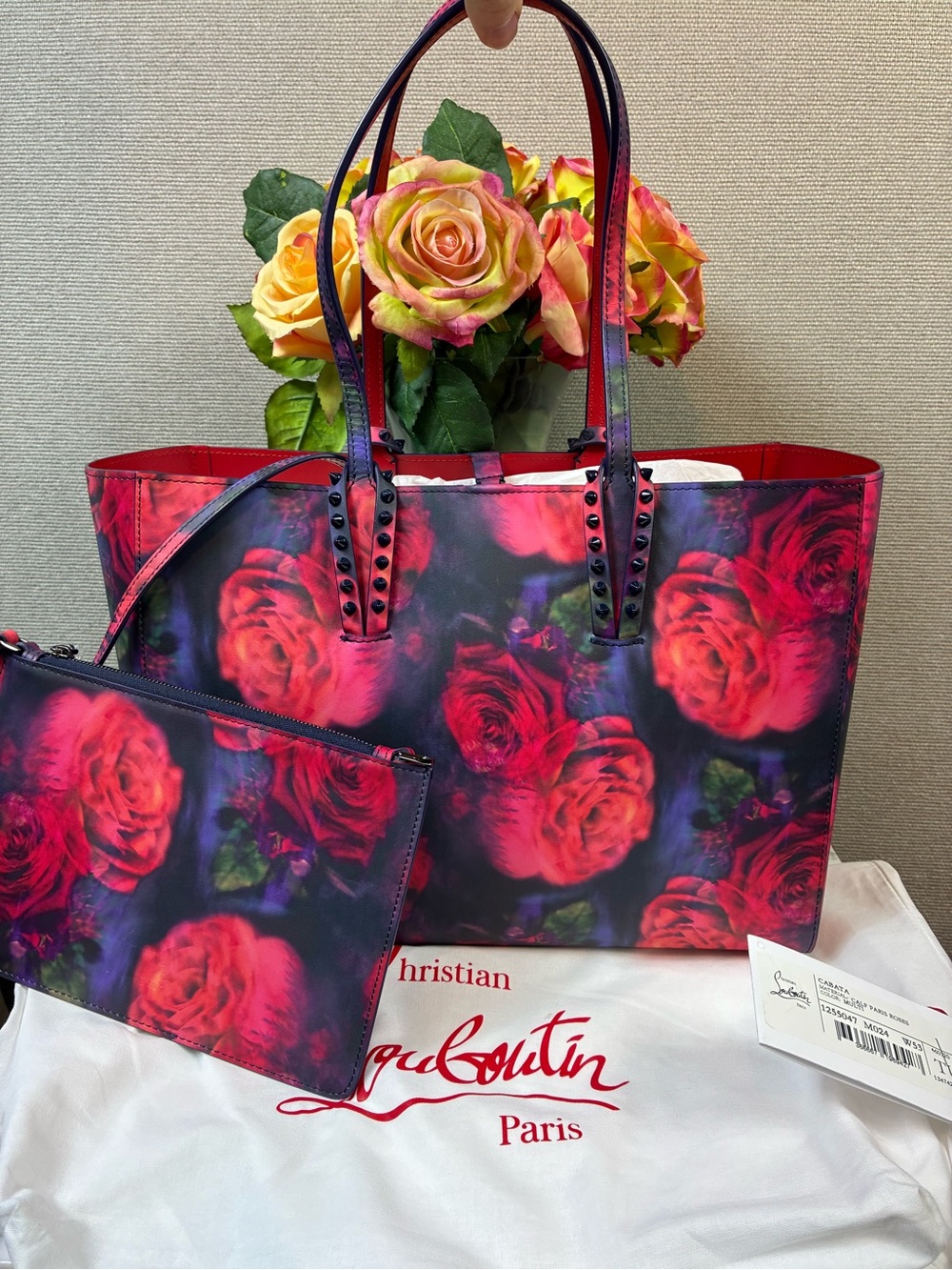 Christian Louboutin Calf Leather Paris Roses Small Cabata Tote NWT Retail $1790